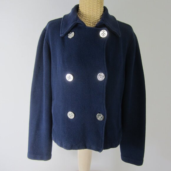 Vtg Ralph Lauren Womens PL Petite L Navy Blue Cotton Cardigan Jacket Nautical - Picture 1 of 7